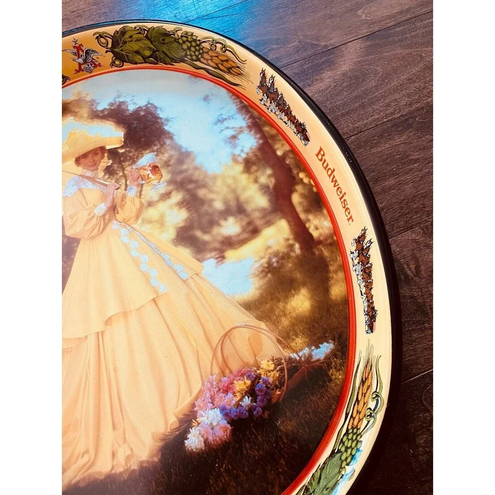 Budweiser Beer Serving Tray - 1982 Woman In Yellow Dress - VINTAGE